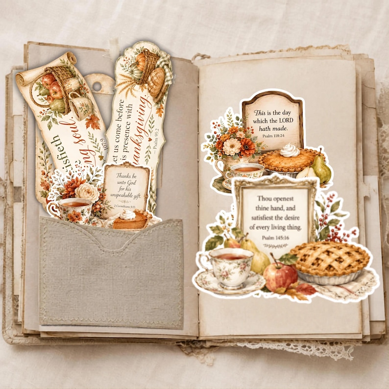 May include: A collection of paper die-cut stickers featuring Thanksgiving themes, including pumpkins, pies, teacups, and floral arrangements. The stickers display religious text such as 'This is the day which the LORD hath made' and 'Thou openest thine hand'.