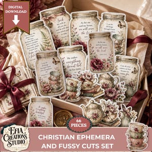 Può includere: Una collezione di efimeri cristiani e ritagli con barattoli, tazze da tè e teiere in stile vintage decorati con motivi floreali, farfalle e testi biblici ispiratori, presentati come un set da scaricare in formato digitale.