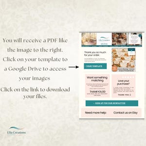 May include: A digital instruction document for a printable bundle. The text reads: You will receive a PDF like the image to the right. Click on your template to a Google Drive to access your images. Click on the link to download your files.