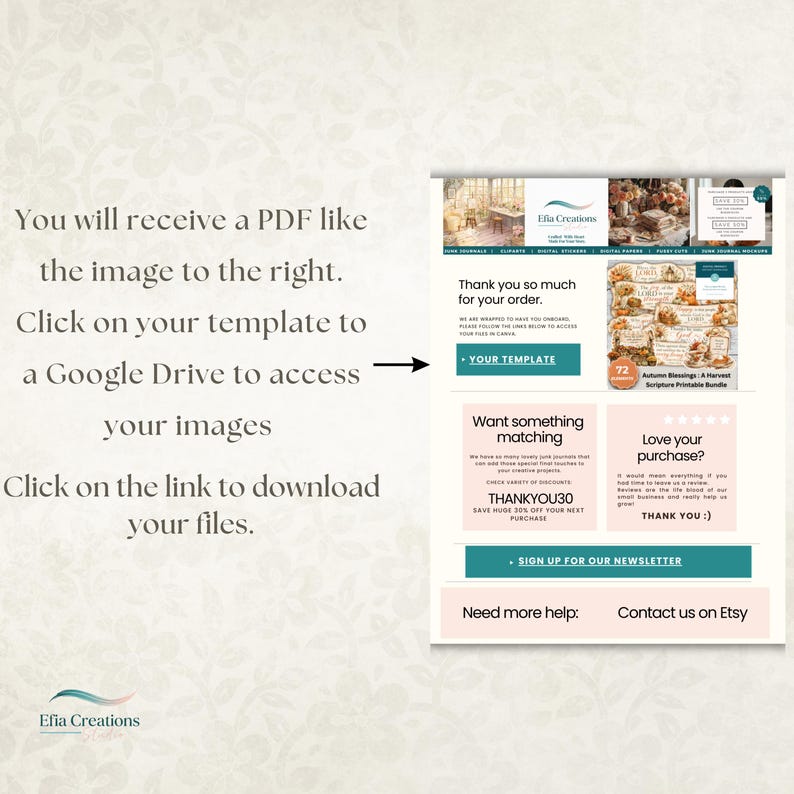 May include: A digital instruction document for a printable bundle. The text reads: You will receive a PDF like the image to the right. Click on your template to a Google Drive to access your images. Click on the link to download your files.