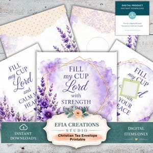 Peut inclure: Ensemble d'enveloppes de thé chrétiennes imprimables avec des motifs aquarelles. Les enveloppes présentent des accents floraux, des brins de lavande et le texte "Fill my Cup Lord" en écriture élégante. Le design comprend un cadre géométrique doré.