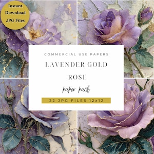 Lavender Gold Rose Digital Paper Pack 22 JPGs | Vintage Floral Texture Backgrounds| Commercial Use | 12x12 Scrapbook Papers Instant Download