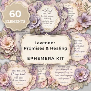 Kit di elementi decorativi "Promesse di guarigione alla lavanda", stampe con versetti biblici cristiani, diario floreale, carte con versetti biblici, pacchetto di carte digitali a tema religioso.