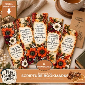 Op de afbeelding: Een set van twaalf rechthoekige papieren bladwijzers met herfstachtige bloemenillustraties in oranje, rood en wit. Elke bladwijzer toont een uniek bijbelvers, waaronder Psalm 46:10, Johannes 14:27, Nahum 1:7, Psalm 136:1 en Psalm 37:5, gedrukt in zwarte tekst.