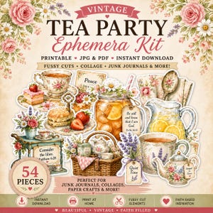 May include: A vintage-themed digital ephemera kit with the text "Tea Party." The image features various illustrations of teacups, teapots, desserts, and floral arrangements. Includes the text "54 Pieces" and "Instant Download."
