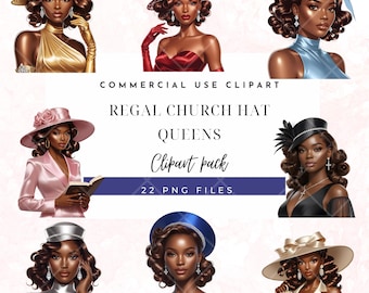 May include: Digital illustration of six women wearing elegant hats. The image includes text that reads "COMMERCIAL USE CLIPART", "REGAL CHURCH HAT QUEENS", and "Clipart pack". The image also includes the text "22 PNG FILES".