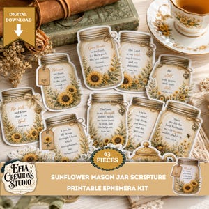 Sunflower Mason Jar Scripture Printable Ephemera Kit, Christian Bible Verse Junk Journal Pages, Faith Paper Craft Kit, JPG PDF 11x8.5 ECS016