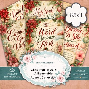 Könnte beinhalten: Eine Sammlung von 21,59x27,94 cm großen Digitaldrucken mit Weihnachts- und Strandmotiven, roten Weihnachtssternern, grünen Tannenzweigen, Ornamenten und kalligrafischem Text, darunter Phrasen wie The Word Became Flesh und Blessed Is She.