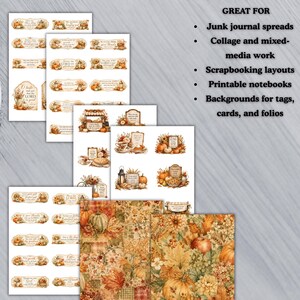 May include: A collection of printable paper sheets featuring autumn-themed illustrations of pumpkins, fall foliage, and religious text. The designs include rectangular labels, decorative tags, and full-page patterns with warm orange, brown, and gold tones.