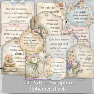 Può includere: Una collezione di tag vintage con illustrazioni floreali e di uccelli. Ogni tag presenta citazioni e frasi bibliche ispiratrici, con una morbida tavolozza di colori pastello. Ideale per progetti di artigianato e scrapbooking.