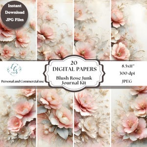 Blush Rose Journal Pages – 20 Printable Junk Journal Papers | Lined Floral Backgrounds, Vintage Rose Kit, Shabby Chic Digital Download Set