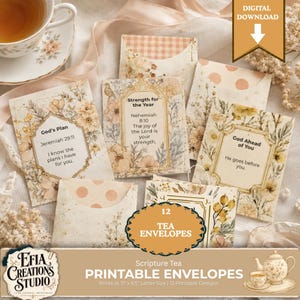 Puede incluir: Un conjunto de doce sobres para té imprimibles con motivos florales y versículos bíblicos como God's Plan Jeremiah 29:11, Strength for the Year Nehemiah 8:10 y God Ahead of You. Diseñado para un tamaño de papel de 27,9 por 21,6 cm.