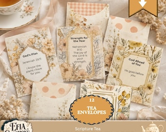 Könnte beinhalten: Ein Set aus zwölf bedruckbaren Tee-Umschlägen mit Blumenmustern und Bibelversen wie God's Plan Jeremiah 29:11, Strength for the Year Nehemiah 8:10 und God Ahead of You. Das Set ist für ein Papierformat von 27,9 mal 21,6 cm ausgelegt.