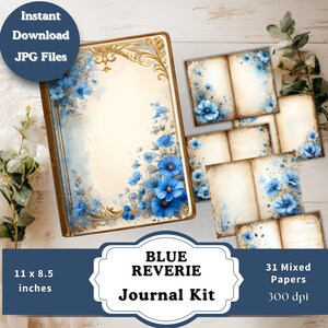 Kit stampabile per il diario "Blue Reverie Junk Journal", carta floreale blu vintage, etichette, biglietti, copertine, buste, effimeri, download JPG a 300 DPI