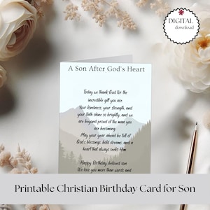Cartão de aniversário cristão para filho – Cartão de aniversário com base na fé para impressão – Cartão de incentivo religioso – Download instantâneo – Design de montanha