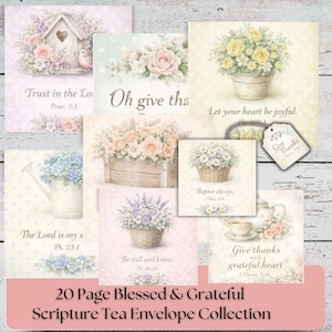 May include: A set of 20 Blessed & Grateful Scripture Tea Envelopes. Each envelope displays watercolour illustrations of flowers, birdhouses, and teacups, accompanied by inspirational quotes. The colour scheme includes soft pinks, blues, and yellows.