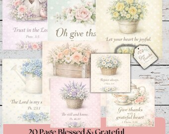 May include: A collection of 20-page Blessed & Grateful Scripture Tea Envelopes. The envelopes feature watercolor illustrations of flowers, birdhouses, and teacups, with inspirational quotes. The color palette includes soft pinks, blues, and yellows.