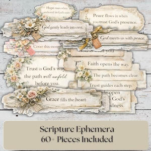 May include: A collection of vintage-style scripture ephemera with floral and lace accents. The pieces feature inspirational quotes and phrases like "Trust in God's way" and "Grace fills the heart." The set includes over 60 pieces.