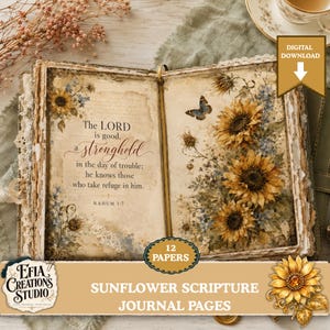 Op de afbeelding: Een open journalpagina met een vintage uitstraling, voorzien van zonnebloemen en een vlinder. De linkerpagina bevat de tekst: The LORD is good, a stronghold in the day of trouble; he knows those who take refuge in him. NAHUM 1:7.