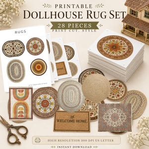 May include: A printable dollhouse rug set featuring 28 pieces with various circular, oval, and rectangular designs in floral, geometric, and textured patterns. The set includes sheets of paper, a stack of printed rugs, and a pair of antique-style scissors.