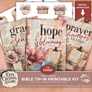 Puede incluir: Un kit imprimible de descarga digital con 13 páginas de diseños sobre la fe. Las páginas incluyen ilustraciones florales, textos como hope is blooming, grace for this season y prayer changes things, junto con elementos de papel vintage.