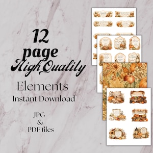 May include: A digital collection of 12 high-quality printable elements featuring autumn-themed illustrations, including pumpkins, fall foliage, and religious text. The set includes JPG and PDF files with various decorative labels and seasonal graphics.