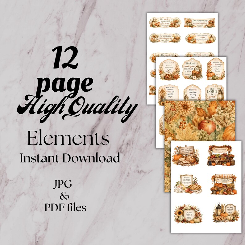 May include: A digital collection of 12 high-quality printable elements featuring autumn-themed illustrations, including pumpkins, fall foliage, and religious text. The set includes JPG and PDF files with various decorative labels and seasonal graphics.