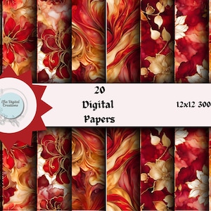 20 Red and Gold Alcohol Ink Digital Backgrounds - 12x12 Printable Scrapbook Paper Pack for Crafting, Invitations, and Greeting Card Design.