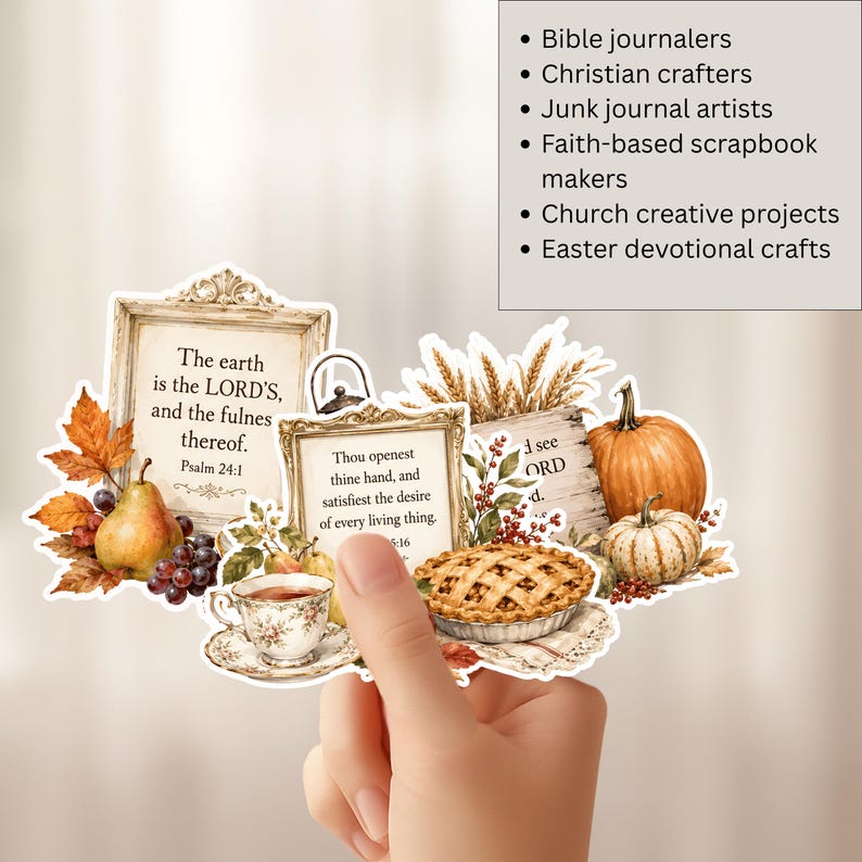 May include: A collection of die-cut stickers featuring vintage-style frames with Bible verses, including Psalm 24:1, alongside illustrations of a pear, grapes, a teacup, a lattice-top pie, wheat stalks, and pumpkins in warm autumn colors.