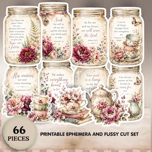 May include: A set of 66 printable ephemera pieces featuring mason jars, teacups, and floral arrangements. Each jar has a different inspirational quote. The color palette includes pink, burgundy, and cream.