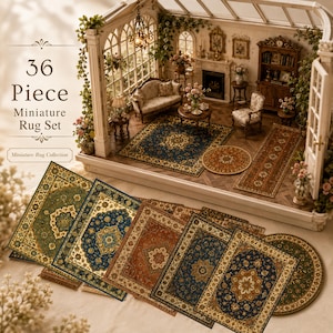 May include: A 36-piece miniature rug set featuring various rectangular and circular carpets with intricate floral and geometric patterns in shades of blue, green, and brown. The collection includes multiple styles displayed in a dollhouse room.
