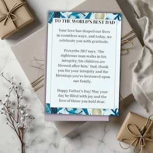 Celebre el Día del Padre con esta hermosa tarjeta imprimible de Proverbios 20:7, un regalo de felicitación cristiano e inspirador para papá y abuelo.