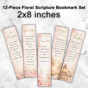 Peut inclure: Ensemble de 12 marque-pages floraux avec des citations bibliques, chacun mesurant environ 5 x 20 cm. Les marque-pages présentent des citations inspirantes et des motifs floraux aux couleurs pastel. Le texte comprend des versets bibliques.