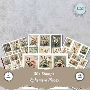Timbri vintage floreali stampabili / Timbri postali per diari spazzatura / Timbri shabby chic botanici per album di ritagli / Download digitale.