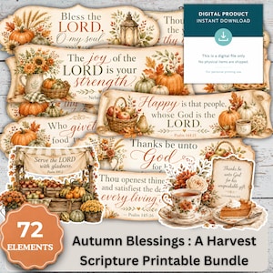 May include: A digital bundle of 72 autumn-themed elements featuring scripture verses, pumpkins, sunflowers, baskets, and tea cups. The designs include text such as Bless the LORD, O my soul, The joy of the LORD is your strength, and Serve the LORD.