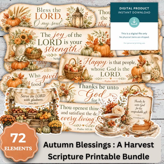 Autumn Scripture Printable Bundle, 72 Harvest Bible Verse Elements, Christian Fall Junk Journal Kit,  Backing Papers Digital Download ECS017