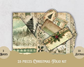 Vintage Christmas Folio Kit for Decoupage and Junk Journals, Printable Holiday Craft Pack with 2 Bases & 23 Extras, Digital Download