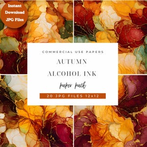 May include: A digital paper pack featuring abstract designs in autumnal colors. The artwork includes shades of red, orange, yellow, and green with gold accents. The text reads "AUTUMN ALCOHOL INK paper pack" and "20 JPG FILES 12x12".