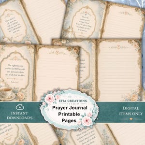 Può includere: Pagine di diario di preghiera stampabili con disegni floreali e in pizzo. Le pagine presentano versetti biblici e spazi a righe per la scrittura. Il diario è intitolato "Prayer Journal Printable Pages" ed è disponibile per il download immediato.