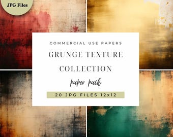 May include: A digital paper pack showcasing a grunge texture collection. The image presents a collage of textured backgrounds in diverse colours, including red, gold, and green. The text on the image reads "Grunge Texture Collection" and "20 JPG FILES 12x12".