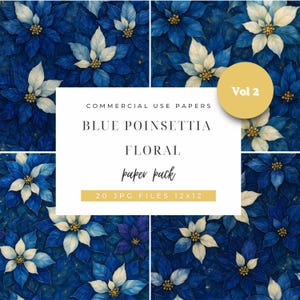 Blue Poinsettia Floral Digital Paper Pack Vol 2 – 20 Seamless 12x12 JPG Backgrounds for Winter, Christmas Crafts, Scrapbooking & Journals