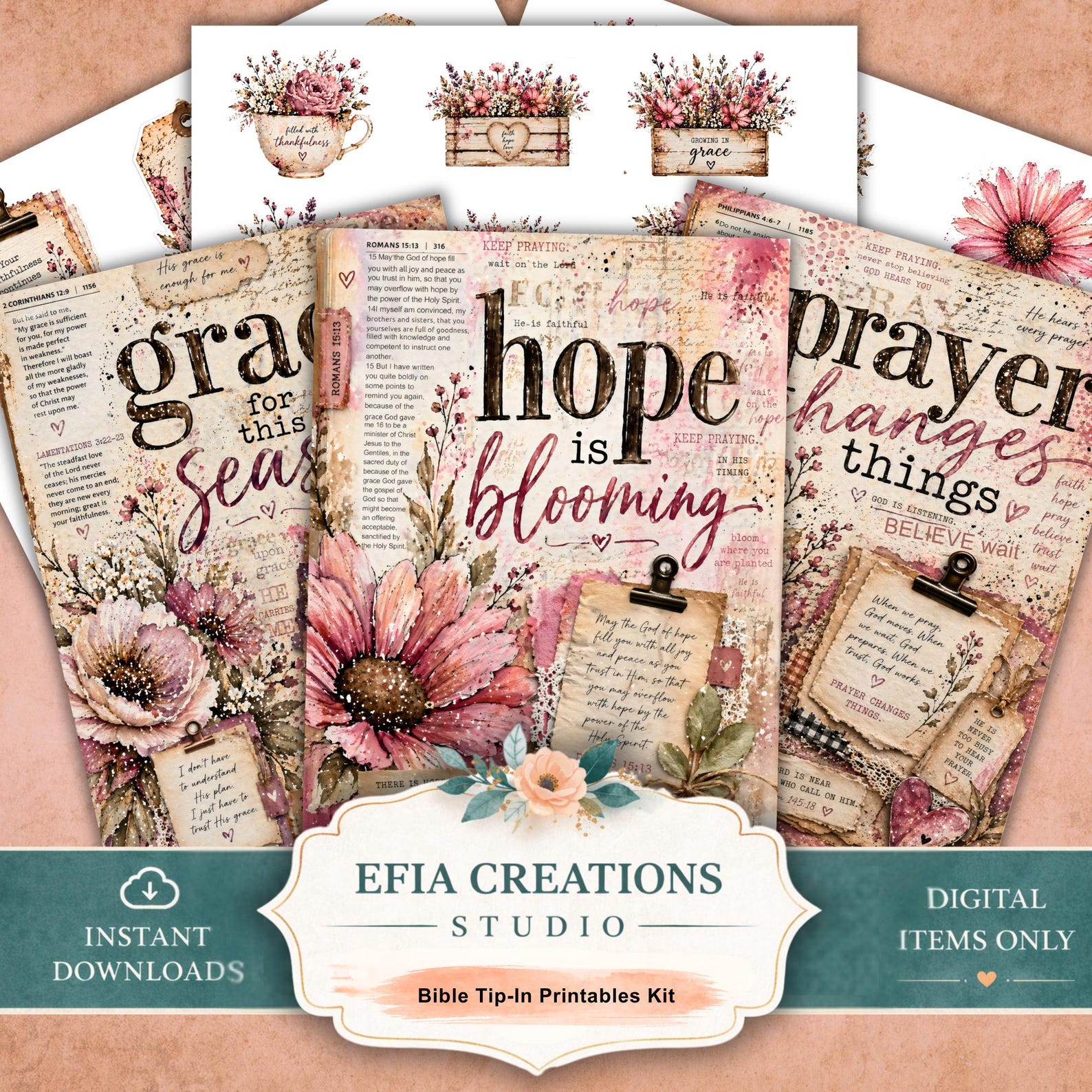 Bible Tip-in Printables Kit, Christian Floral Tip Ins for Journaling ...