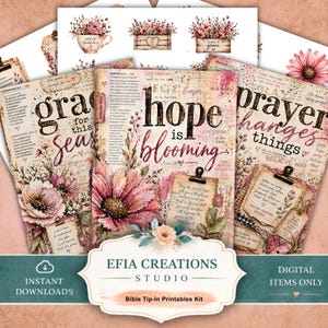 Op de afbeelding: Een verzameling Bijbel-tip-in printables met bloemen- en botanische ontwerpen. De printables bevatten inspirerende citaten en zinnen als "genade voor dit seizoen" en "hoop bloeit". Het kleurenpalet omvat roze, groen en bruin.