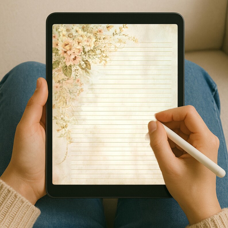 Screen Line Paper Printable Floral Writing Paper – 22 Vintage Lined Pages for Journaling ...