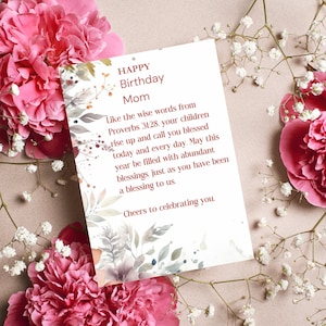 Tarjeta de feliz cumpleaños para mamá Proverbios 31:28, saludo de cumpleaños espiritual imprimible, idea de regalo de cumpleaños para mamá cristiana, regalo religioso para mamá para ella