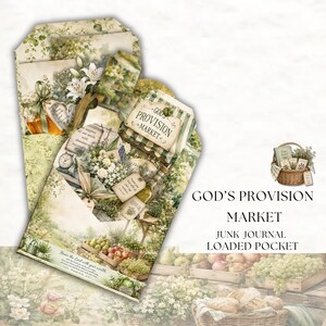 May include: A junk journal loaded pocket with a vintage market theme. The pocket features a collage of floral and market imagery, including a basket of goods, a clock, and the text "GOD'S PROVISION MARKET". The color palette includes greens, creams, and browns.