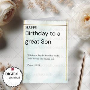 Tarjeta de feliz cumpleaños para hijo con Salmo 118:24: cita bíblica inspiradora, saludo personalizado, regalo religioso para su cumpleaños.