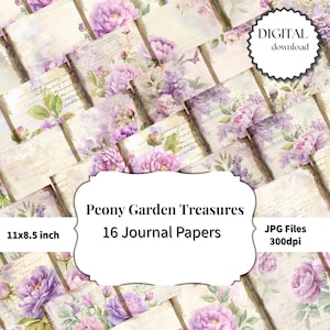 Paquet de papier numérique dentelle lavande et pivoines - 16 pages de scrapbooking floral violet, papier kraft vintage pour journal indésirable, éphémères imprimables.