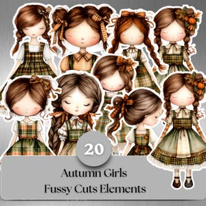 May include: A collection of 20 Autumn Girls fussy cut elements. Each girl has brown hair styled in various ways, wearing plaid dresses in shades of green, brown, and orange. The text on the image reads "Autumn Girls Fussy Cuts Elements."