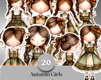 Autumn Girls Fussy Cuts Set with 20 Vintage Clipart Elements on 4 Printable Pages for Scrapbooking, Journals, Cards, Tags, and Crafts
